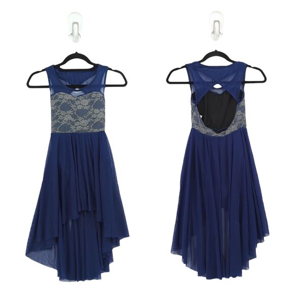 Weissman Youth MC Taking Chances Leotard Dance Costume Navy Blue Lace High Low - Picture 1 of 7